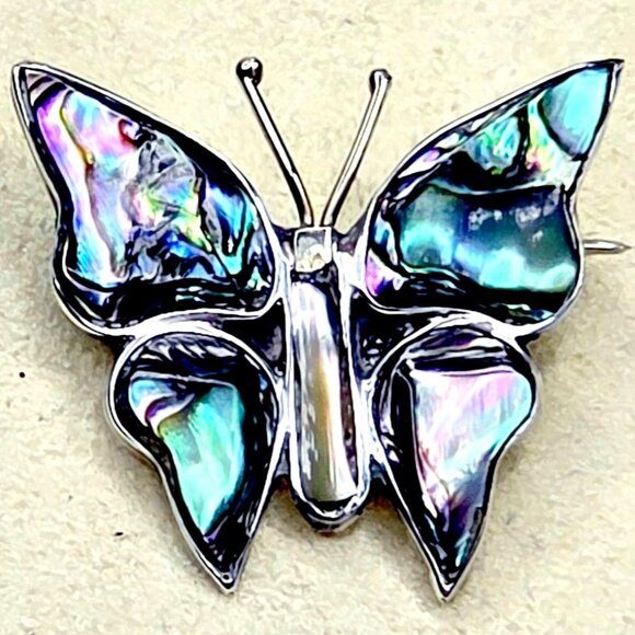 Vintage Taxco 925 Sterling Mexican Silver Abalone Iridescent Butterfly Brooch Pi - Picture 3 of 14